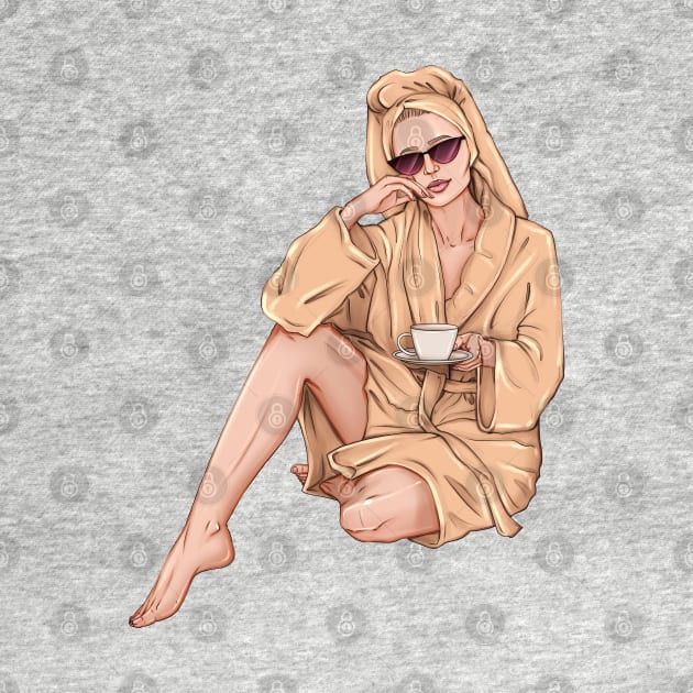 Spa girl sitting with a cup of tea fashion illustration art by ArctiumStudio